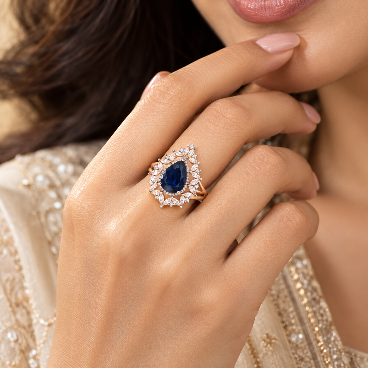 Blue Stone Marquise Halo Cocktail Ring - Image 3